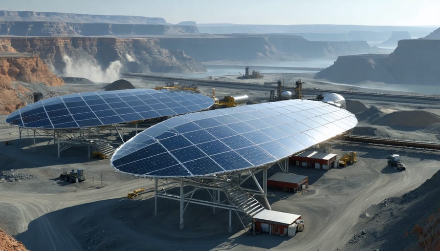 Conceptual illustration of a mining operation utilizing solar thermal technology, featuring large parabolic collectors amidst a green, sustainable landscape.