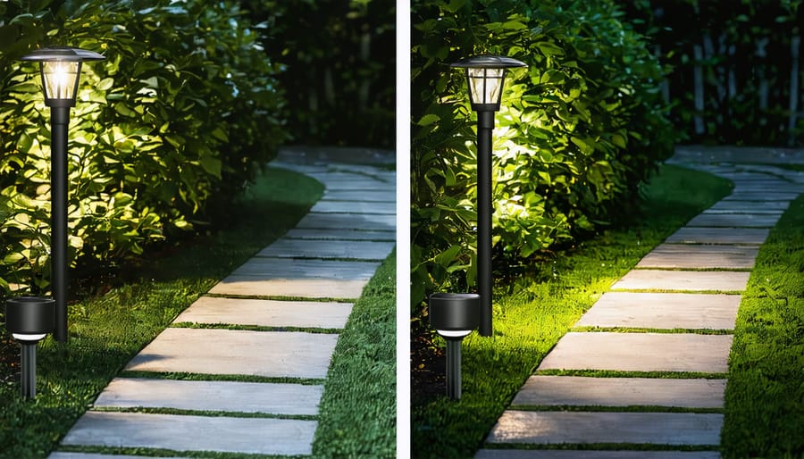 Comparison of garden path at day and night with solar accent lighting