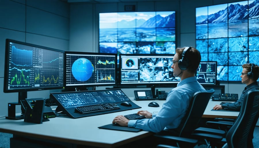 Engineers working in modern control room managing hydro solar power generation