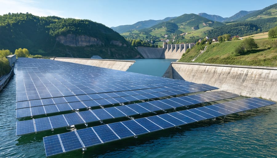 A scenic view of a hydroelectric dam with adjacent floating solar panels on a serene reservoir, exemplifying the integration of renewable energy technologies in Europe.