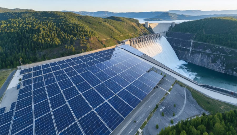 Combined hydroelectric dam and floating solar panel installation demonstrating hydro solar integration
