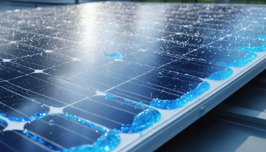 Industrial production line showing integration of hydrogel materials into solar panel assembly