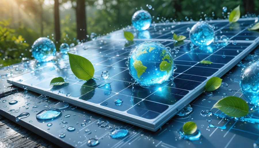 Conceptual artwork of solar panels incorporating biodegradable hydrogels. The illustration features solar panels with transparent, gel-like overlays surrounded by green energy symbols and circular economy logos, emphasizing the sustainability and innovation of hydrogel technology.
