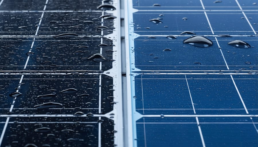 Comparison of water behavior on hydrophobic-coated vs standard solar panels