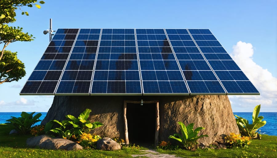 Aerial view of a complete 7kW solar installation on a remote island with battery storage facility