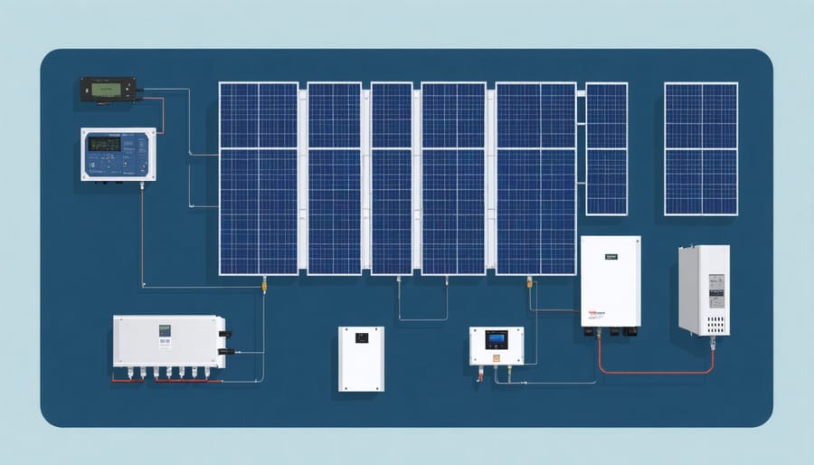 Technical diagram illustrating the key components of an offshore solar power system