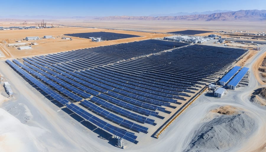 Aerial view of industrial solar desalination plant at mining operation