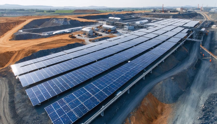 Large solar panel array installed adjacent to mining operations, demonstrating industrial-scale renewable energy integration