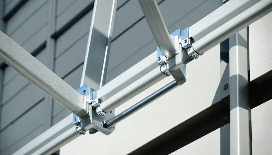 Detailed view of mountain solar panel mounting system showing terrain adaptation features