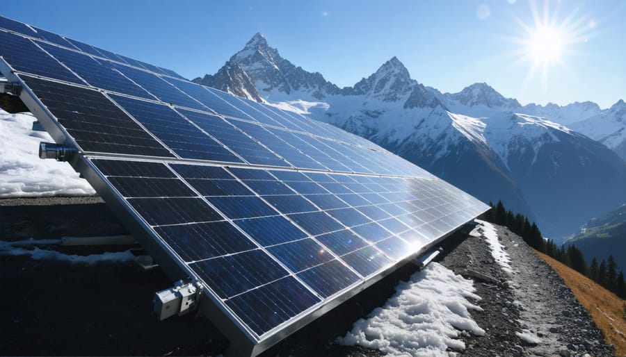 Solar panels expertly installed on a steep mountain slope with a backdrop of snow-capped peaks, capturing the essence of high-altitude solar energy generation and the harmonious blend of technology and nature.