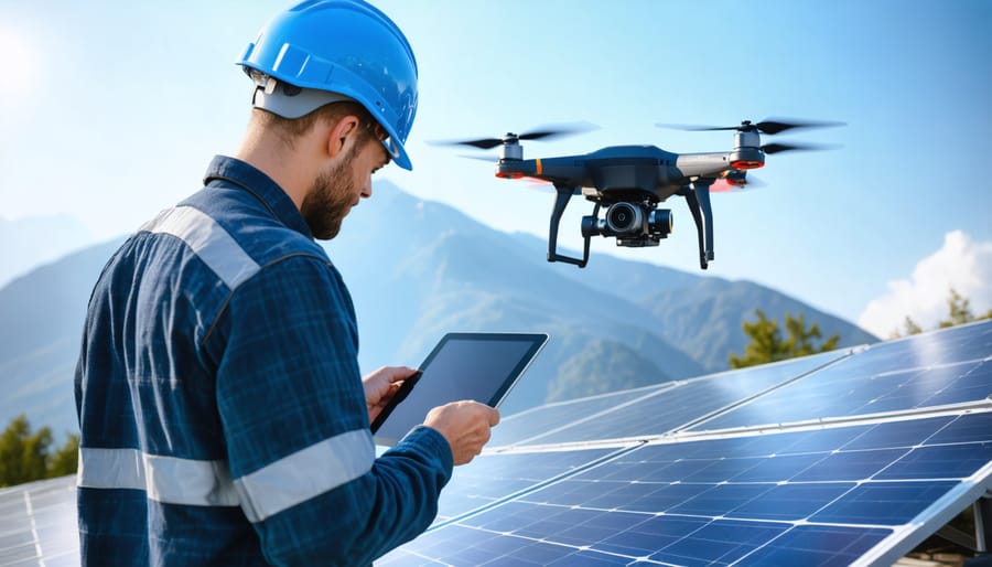 Solar technician performing remote monitoring of high-altitude solar array using modern technology