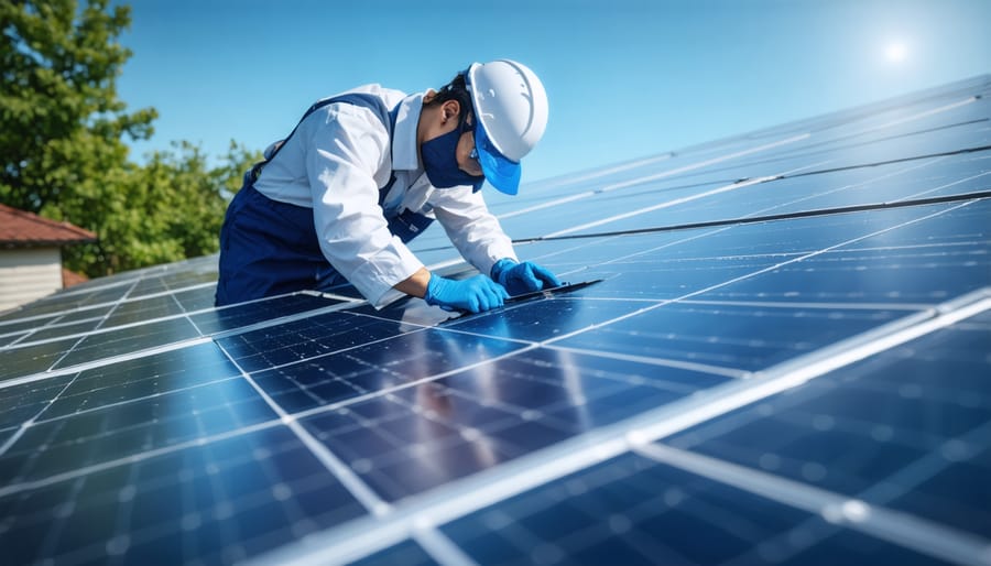 Professional technician spraying nanocoating solution onto commercial solar panel installation