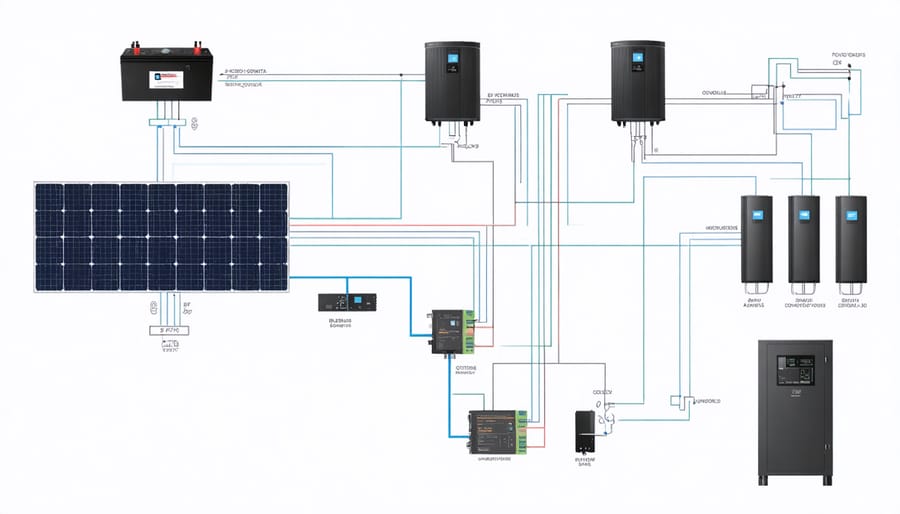 Technical diagram illustrating the main components and connections in an off-grid battery system