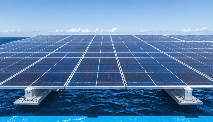 Marine solar installation showing corrosion-resistant mounting systems and weather protection features