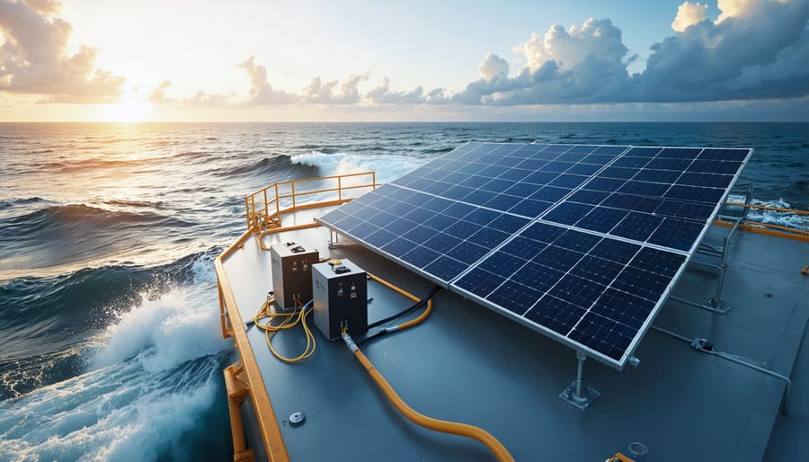 Conceptual illustration of a 7kW solar power system on an offshore platform, featuring marine-grade solar panels and advanced battery storage, set against the backdrop of ocean waves and a sunset sky.