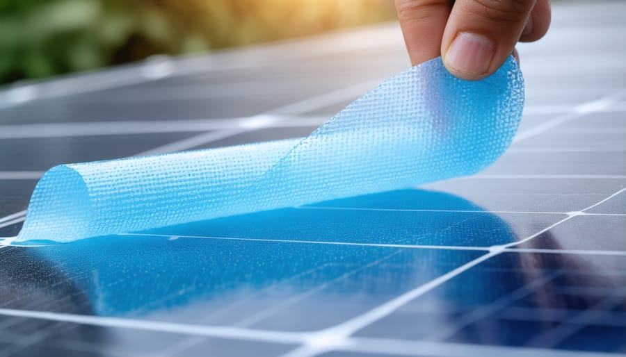 Demonstration of easy separation of polymer encapsulant from solar panel cells showing material flexibility