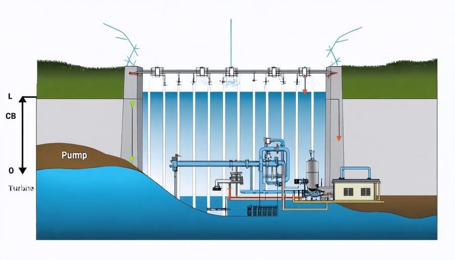 Cross-sectional diagram of pumped-storage hydropower system showing water flow between two reservoirs