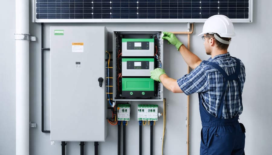 Certified installer mounting a residential battery storage unit with safety equipment