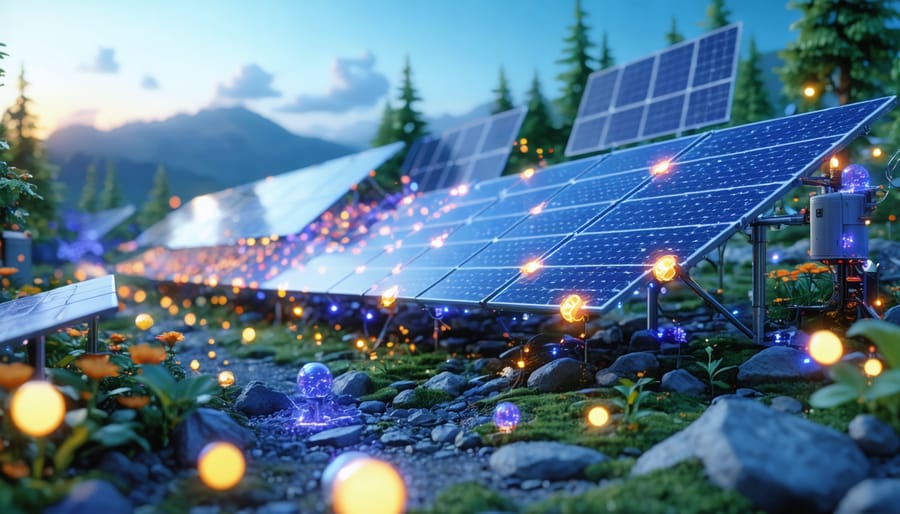 Artistic rendering of quantum dots in a futuristic European landscape, capturing and storing solar energy with energy transfer illustrations.