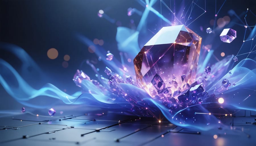 Conceptual illustration depicting quantum tunneling in solid-state batteries, with ions moving through a crystalline structure, highlighted by energy waves and subtle glows to illustrate advanced battery technology.