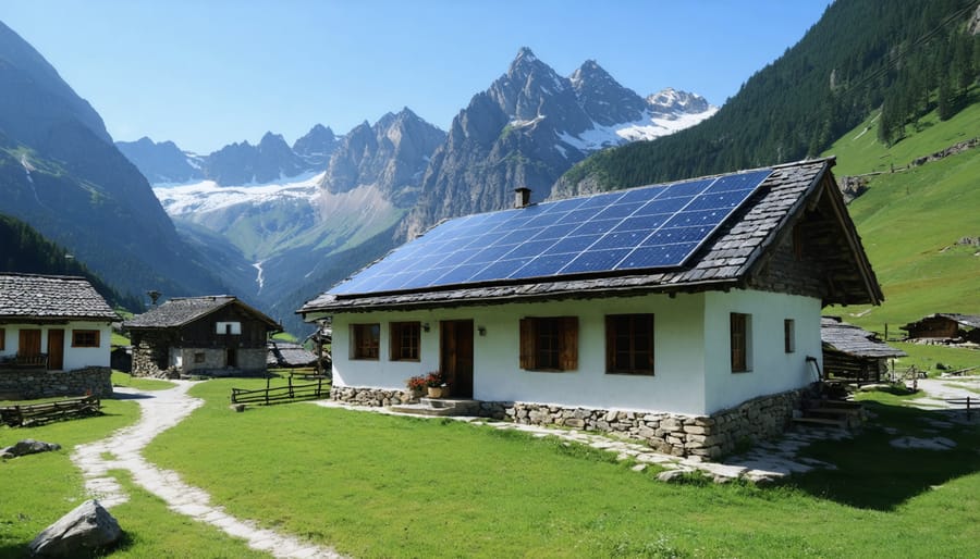 Aerial view of solar panels powering an isolated European mountain community