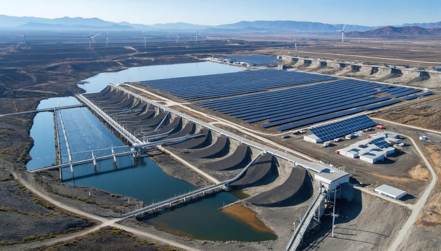 Aerial view of pumped storage facility with renewable energy infrastructure