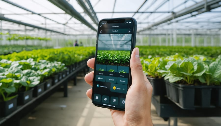 Greenhouse operator reviewing environmental data and adjusting ventilation settings via mobile app