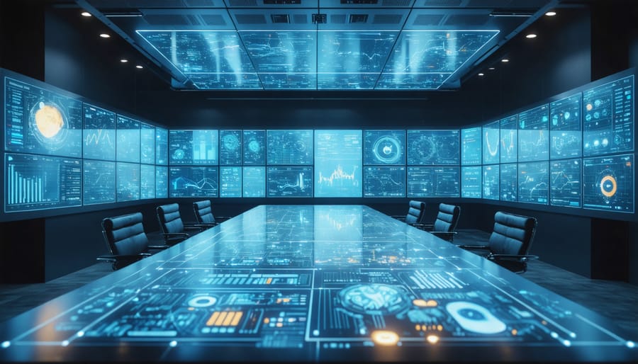 Smart grid control room with multiple monitoring screens showing quantum storage systems