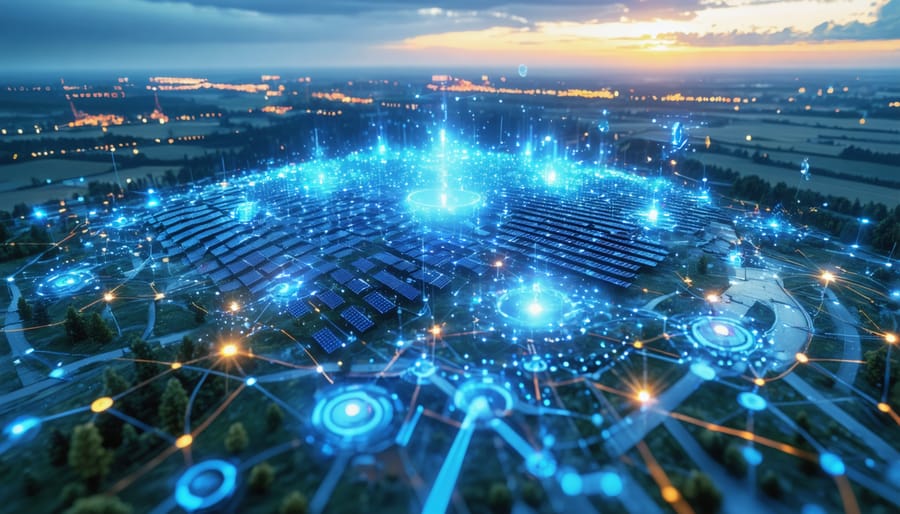 Conceptual illustration of a smart microgrid system integrating solar panels, advanced control systems, and data analytics, representing Europe's path to energy independence.