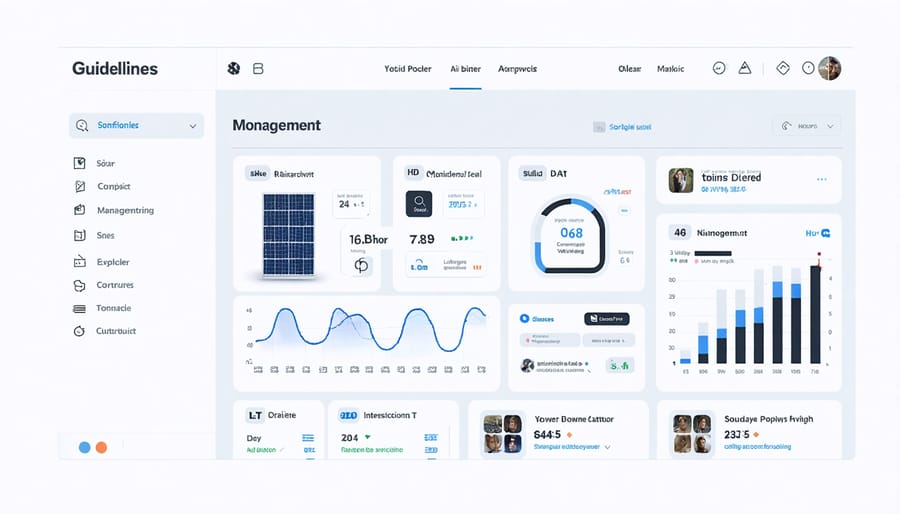 Smart control interface displaying solar power management metrics and AI analytics for mining operations