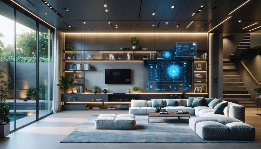 "Modern living space featuring smart storage units with energy monitoring displays and solar panels visible outside, representing the integration of smart storage and solar energy solutions."