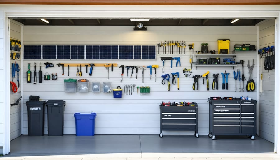 Well-organized garage space with mounted solar batteries and labeled storage compartments