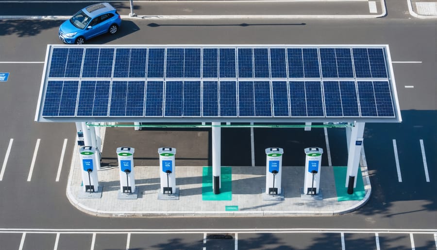 Bird's eye view of solar canopy charging station with multiple EVs charging underneath