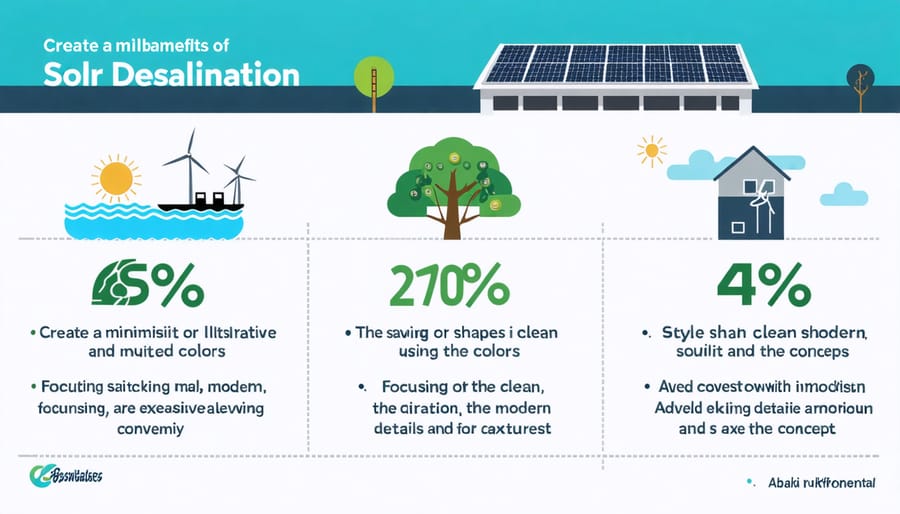 Visual representation of environmental impact reduction and economic advantages of solar-powered desalination