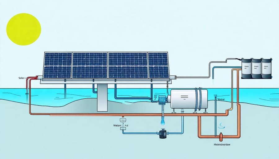 Schematic diagram of solar desalination unit components and process flow