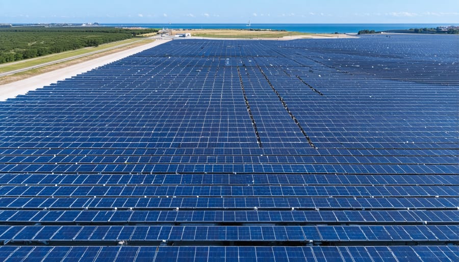Bird's eye view of solar panel arrays connected to desalination plant near coastline