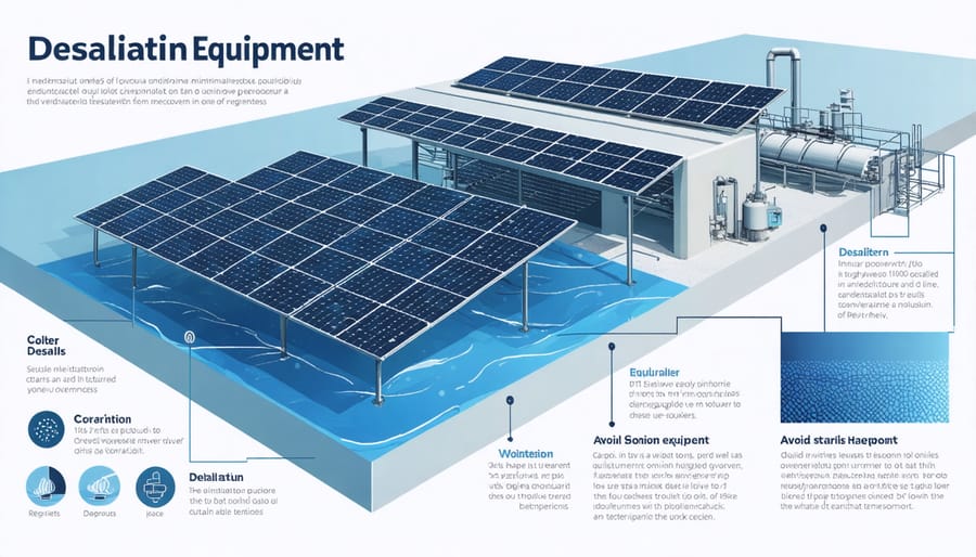 Technical diagram illustrating how solar power systems connect to water desalination processes