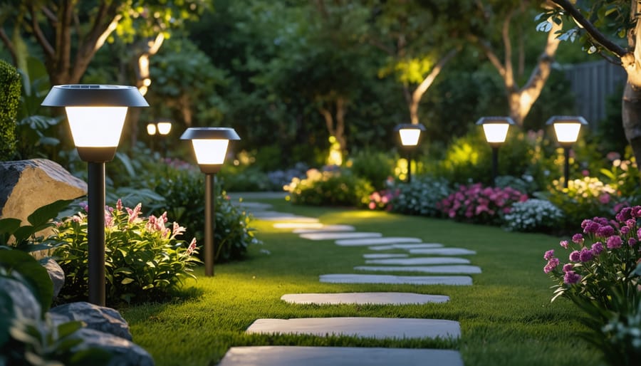 A dusk garden scene illuminated by solar-powered lights, highlighting a pathway and surrounding plants, exemplifying sustainable outdoor lighting without visible wiring.