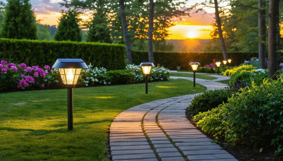 A picturesque garden at dusk with solar garden lights casting a warm glow along a path, showcasing the blend of nature and sustainable technology.