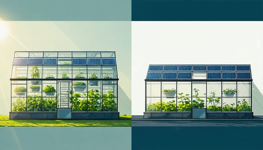 Side-by-side comparison of solar panels powering greenhouse ventilation fans during sunny conditions