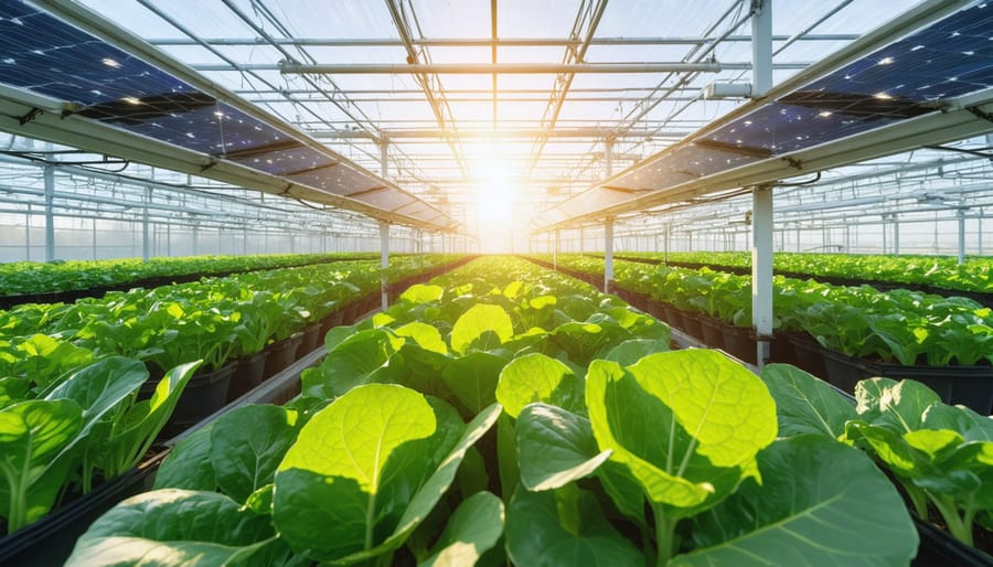 Conceptual visualization of a greenhouse utilizing solar-powered ventilation, showing solar panels on the roof and airflow lines indicating climate control, with thriving plants inside under a bright sun.