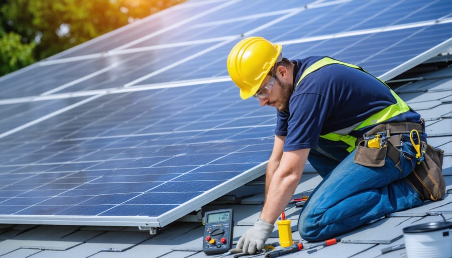 A professional solar installer on a rooftop, wearing full safety gear and surrounded by essential solar installation tools, highlighting the importance of proper equipment in successful solar projects.