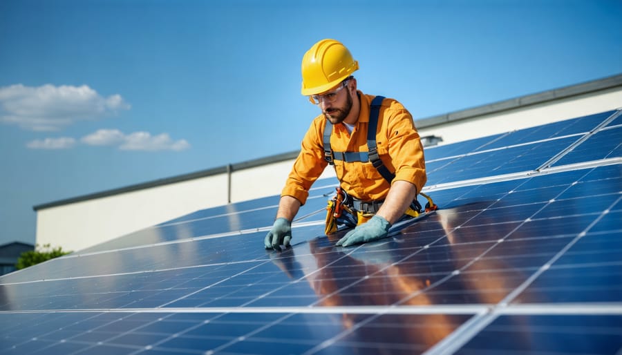 Solar installation professional demonstrating proper safety equipment usage on rooftop