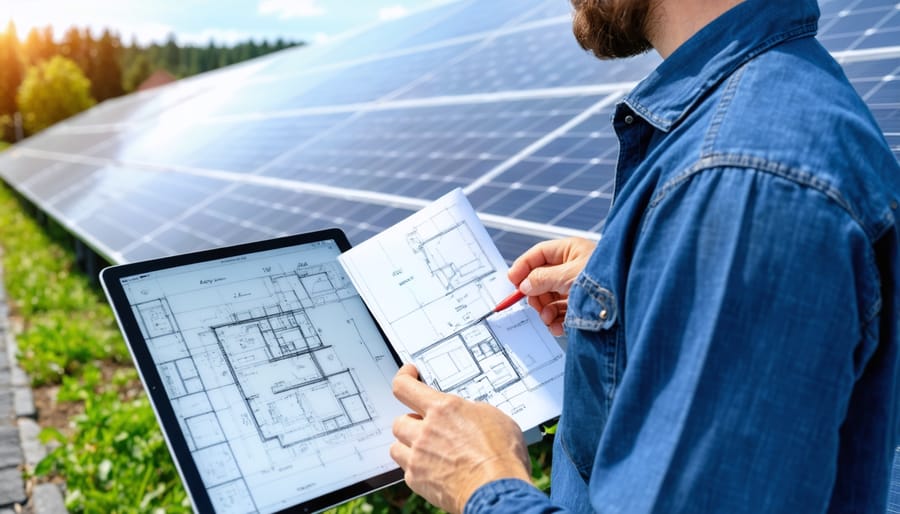 Solar integrator at a solar farm, reviewing blueprints and using a digital tablet to coordinate project tasks.