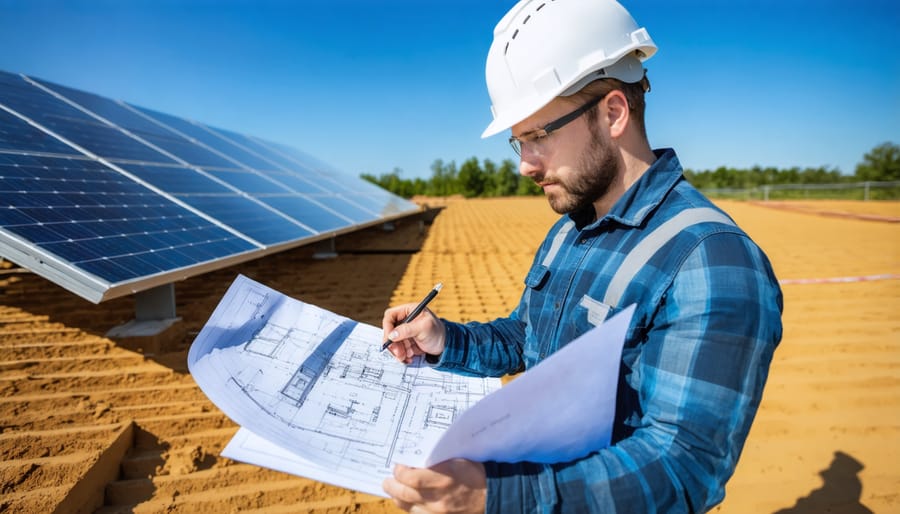 Solar system integrator analyzing photovoltaic installation plans while wearing safety gear