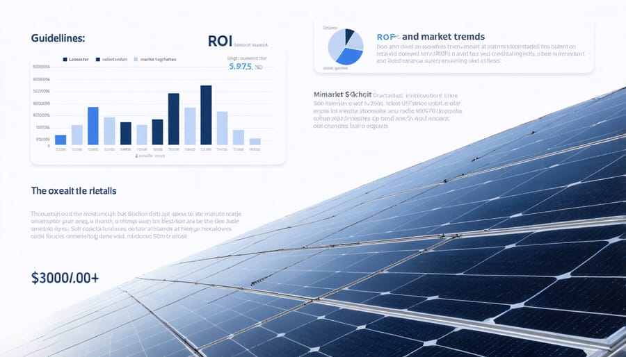 Solar panel array with superimposed financial charts and investment metrics