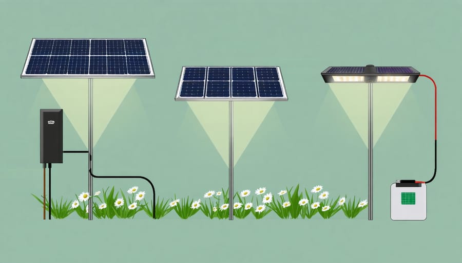 Technical illustration of solar garden light internal components and operation