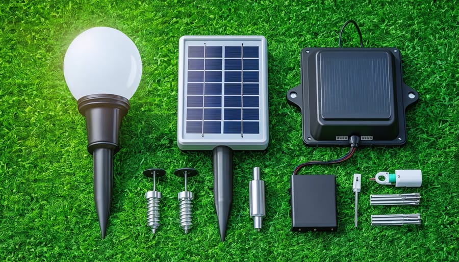 Disassembled solar garden light showing all major components and assembly points
