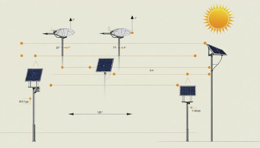 Instructional diagram demonstrating optimal solar light installation angles and spacing