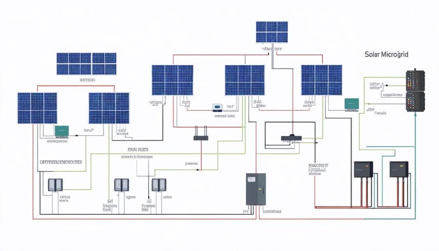 Schematic diagram illustrating key components and connections in a solar microgrid system